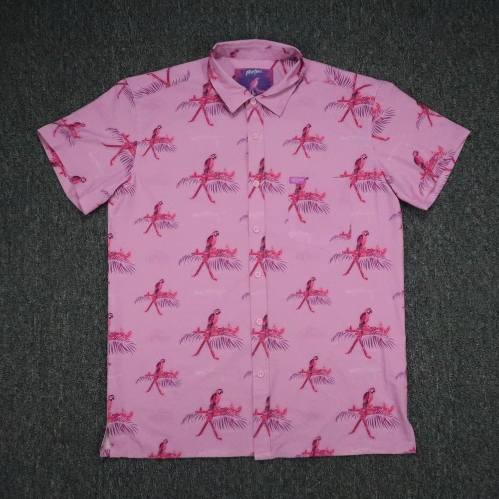 Retro Rifle Shirt Mens Large Pink Red Saws Macaws Print Short Sleeve